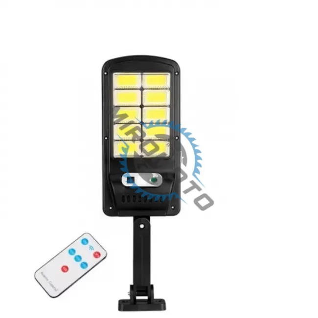 Lampa Solara Stradala 120 LED, Cu Senzor De Miscare, Panou Solar Incorporat, Brat De Montare Si Telecomanda Lampa Solara Stradala 120 LED, Cu Senzor De Miscare, Panou Solar Incorporat, Brat De Montare Si Telecomanda