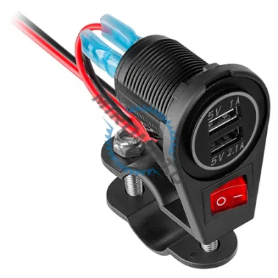 Incarcator Telefon, 2 x Porturi USB, pentru Motocicleta/Bicicleta Electrica, cu Buton, Fixare pe Ghidon sau Oglinda, Lungime Cablu 1.5M