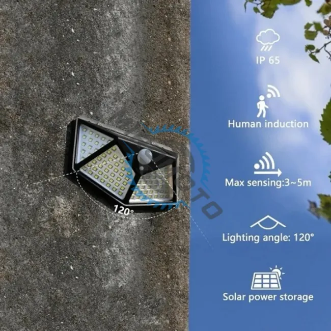 Lampa solara de perete cu senzor de miscare, 15W, 600lm, IP65, Acumulator 3.7v, 1800mah, 100 led-uri Lampa solara de perete cu senzor de miscare, 15W, 600lm, IP65, Acumulator 3.7v, 1800mah, 100 led-uri