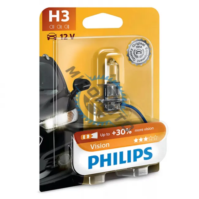 Bec auto cu halogen pentru far, Philips Vision H3, +30%, 12V, 55W Bec auto cu halogen pentru far, Philips Vision H3, +30%, 12V, 55W