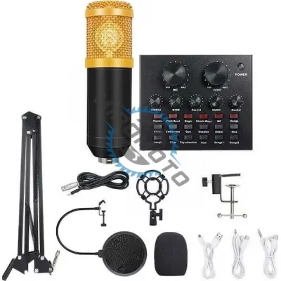 Set Microfon Profesional plus Mixer pentru inregistrare muzica, audiobook-uri sau podcasturi, Negru