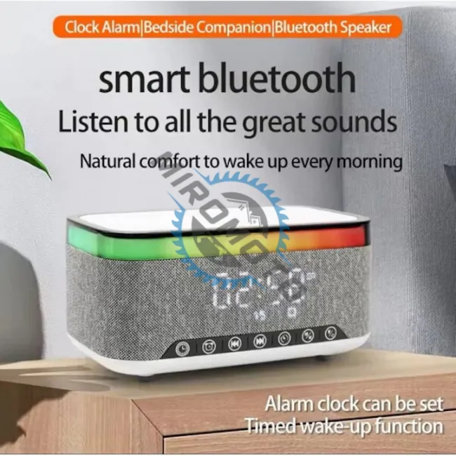 Incarcator Rapid Wireless 15W, 6 in 1 cu Bluetooth, Boxa, Smart LED RGB, Ceas, Alarma, Gri, Miromoto®