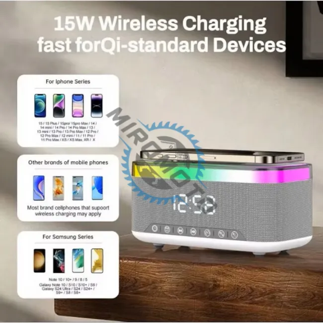 Incarcator Rapid Wireless 15W, 6 in 1 cu Bluetooth, Boxa, Smart LED RGB, Ceas, Alarma, Gri, Miromoto®