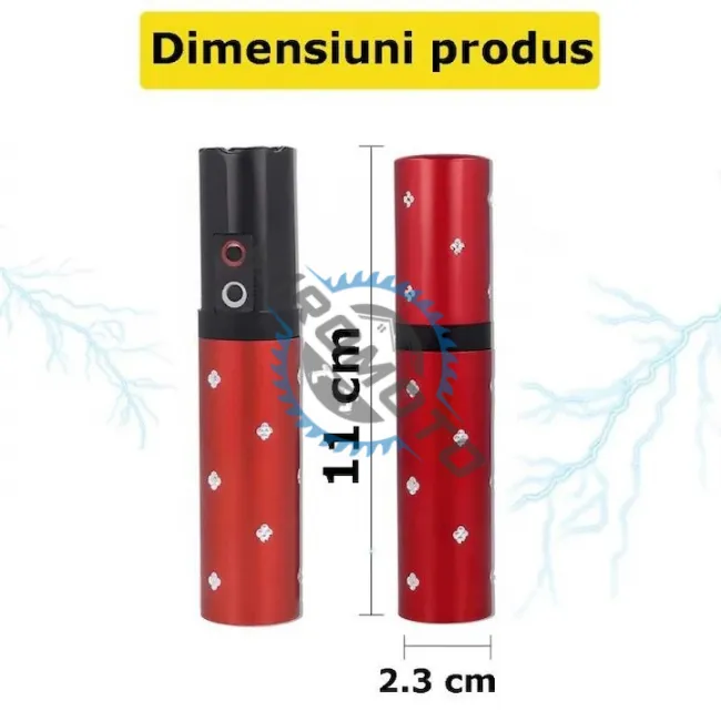 Dispozitiv cu electrosoc profesional pentru autoaparare tip ruj, anti caini, animale sau pasari, cu lanterna, descarcare electrosocuri 5000K volti, reincarcabil USB, rosu
