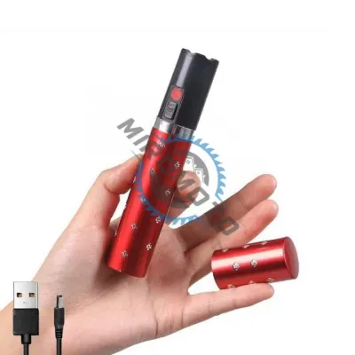 Dispozitiv cu electrosoc profesional pentru autoaparare tip ruj, anti caini, animale sau pasari, cu lanterna, descarcare electrosocuri 5000K volti, reincarcabil USB, rosu