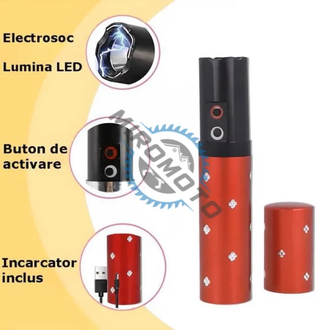 Dispozitiv cu electrosoc profesional pentru autoaparare tip ruj, anti caini, animale sau pasari, cu lanterna, descarcare electrosocuri 5000K volti, reincarcabil USB, rosu