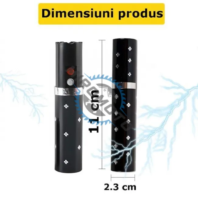 Dispozitiv cu electrosoc profesional pentru autoaparare tip ruj, anti caini, animale sau pasari, cu lanterna, descarcare electrosocuri 5000K volti, reincarcabil USB, negru