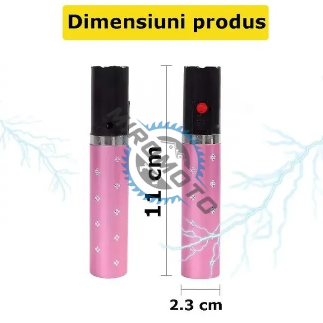 Dispozitiv cu electrosoc profesional pentru autoaparare tip ruj, anti caini, animale sau pasari, cu lanterna, descarcare electrosocuri 5000K volti, reincarcabil USB, roz