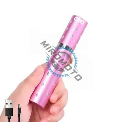 Dispozitiv cu electrosoc profesional pentru autoaparare tip ruj, anti caini, animale sau pasari, cu lanterna, descarcare electrosocuri 5000K volti, reincarcabil USB, roz