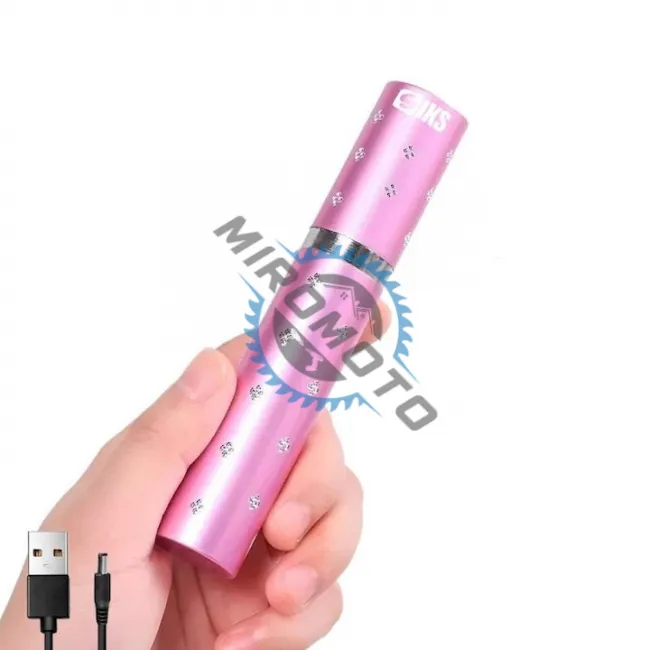Dispozitiv cu electrosoc profesional pentru autoaparare tip ruj, anti caini, animale sau pasari, cu lanterna, descarcare electrosocuri 5000K volti, reincarcabil USB, roz