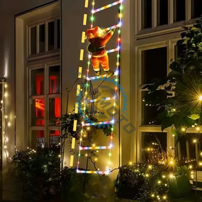 Decoratiune Mos Craciun pe scara, pentru exterior si interior, material hidrofug, lungime scara 130 cm, rosu