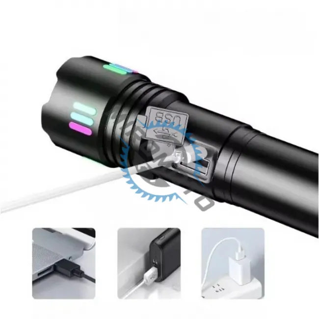 Lanterna LED cu zoom telescopic, P45, reincarcabila, focus ajustabil, 20W, 2000LM, IP43, afisaj baterie, negru