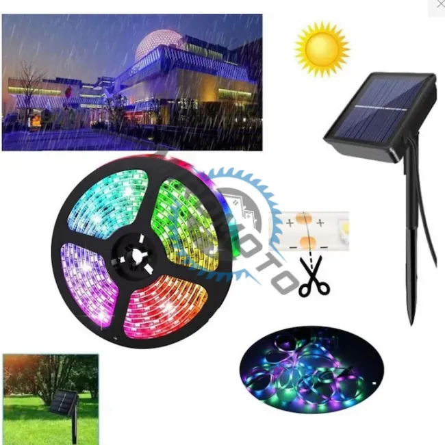 Banda led RGB, cu panou solar pentru exterior, lungime 5 metri