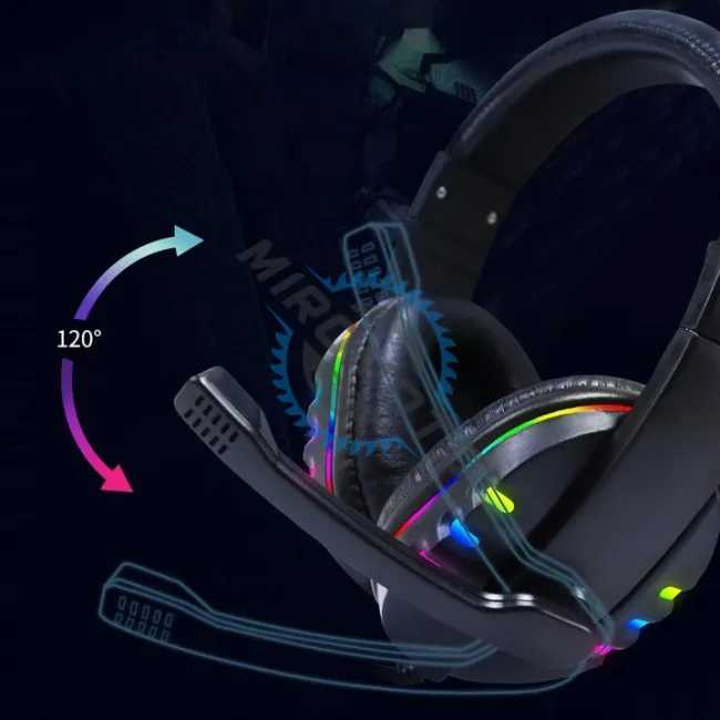 Casti Gaming profesionale cu lumini RGB, diametru 40mm, microfon, mufa USB, lungime fir 2 metri