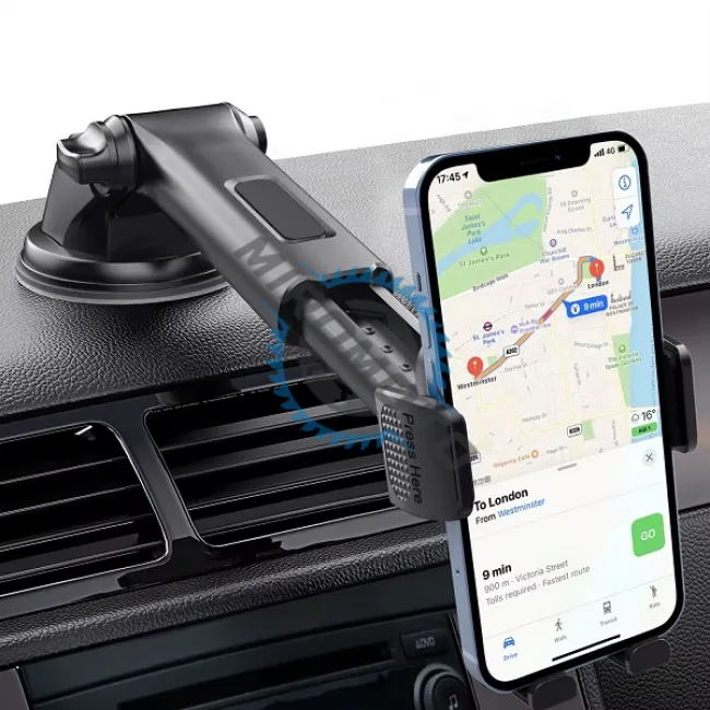 Suport auto universal pentru telefon mobil, ventuza, montare pe parbriz sau bord, brat telescopic reglabil, buton blocare, negru / transparent