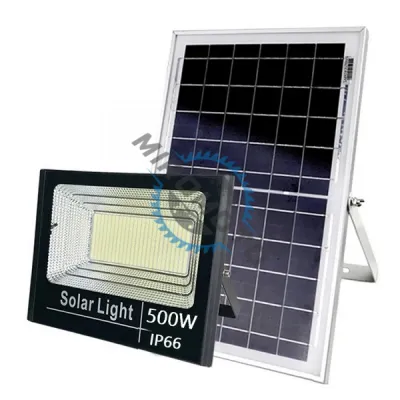 Proiector cu panou solar, 500 W, IP66, 6500 K, cu telecomanda inclusa si senzor de lumina