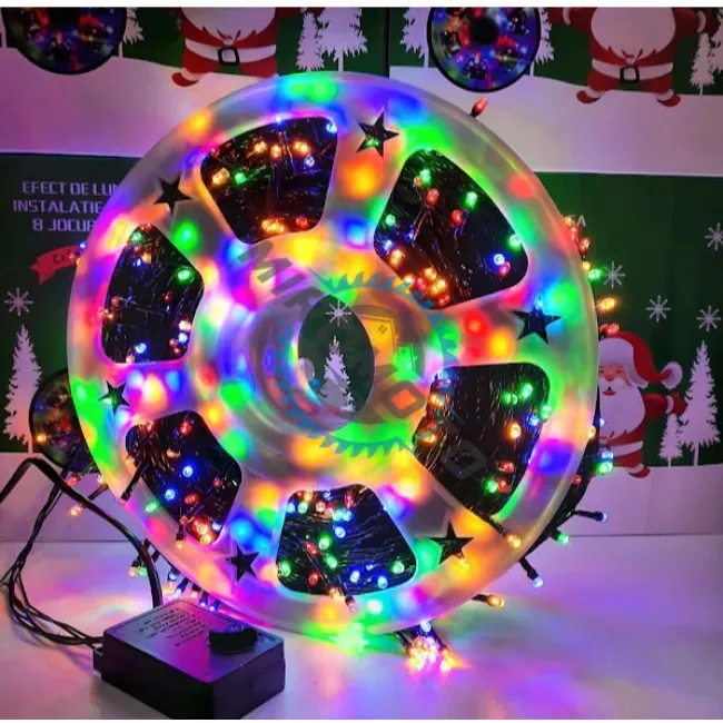 Instalatie de craciun, tip rola, Lungime 100 m, cu 8 jocuri de lumini, alimentare 220V, pentru interior/exterior, multicolora