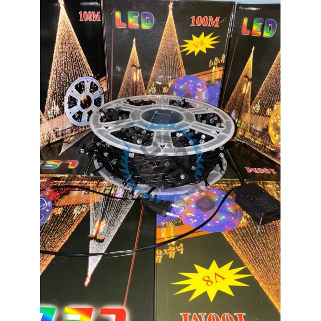 Instalatie de craciun, tip rola, Lungime 100 m, cu 8 jocuri de lumini, alimentare 220V, pentru interior/exterior, multicolora