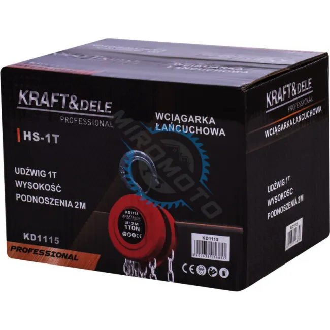 Macara, palan manual cu lant 1000 kg, 1 tona, 2m lungime lant, Kraft&Dele KD1115