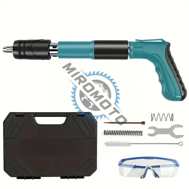 Kit pistol de nituri pentru fixare cuie In perete, tavan, podea, lemn, pneumatic, manual, ochelari protectie, trusa depozitare si transport, calibru 7.3 cm