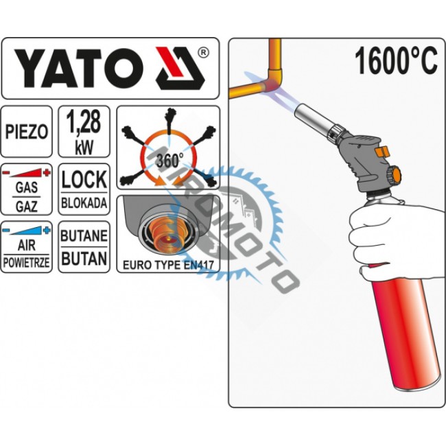 Arzator pe gaz, Yato YT-36709, aprindere piezzo, 1600 grade