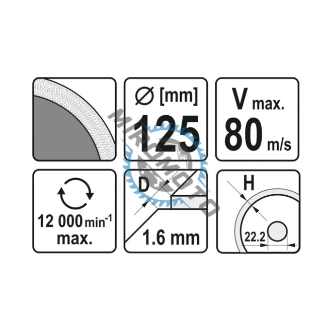 Disc diamantat de taiere continuu, 125x22.2x1.6 mm, taiere umeda si uscata, Yato YT-59972