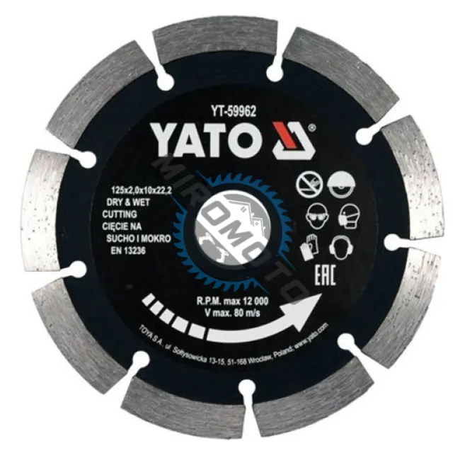 Disc diamantat de taiere segmentat, 125x22.2x2 mm, taiere umeda si uscata, Yato YT-59962