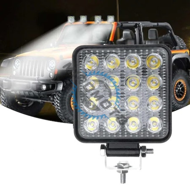 Proiector LED Auto, Offroad, 48W, 12V-24V, 1800 Lumeni, Patrat, 16 Leduri, Flood Beam