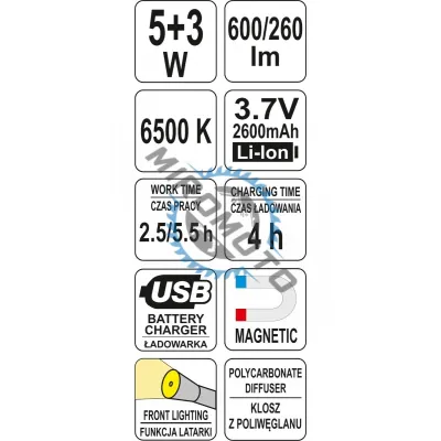 Lampa magnetica cu acumulator 5W + 3W, COB led, reincarcabila, USB, 600/260lm. Yato YT-08518 Lampa magnetica cu acumulator 5W + 3W, COB led, reincarcabila, USB, 600/260lm. Yato YT-08518