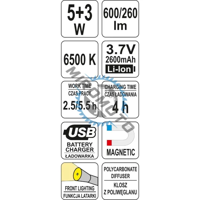 Lampa magnetica cu acumulator 5W + 3W, COB led, reincarcabila, USB, 600/260lm. Yato YT-08518