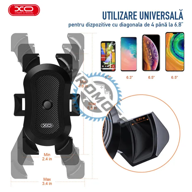 Suport Telefon pentru Bicicleta / Motocicleta, Prindere in Colturi, Anti-shake, Multidirectional 360​​°, Universal, Deschidere 60-90mm (XO-C51)