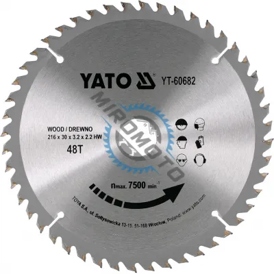 Disc cu Vidia pentru Lemn Diametru 216mm, Interior 30mm, 48 Dinti, Yato YT-60682 Disc cu Vidia pentru Lemn Diametru 216mm, Interior 30mm, 48 Dinti, Yato YT-60682