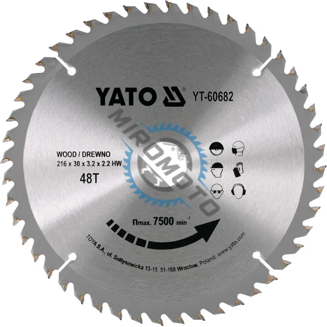 Disc cu Vidia pentru Lemn Diametru 216mm, Interior 30mm, 48 Dinti, Yato YT-60682