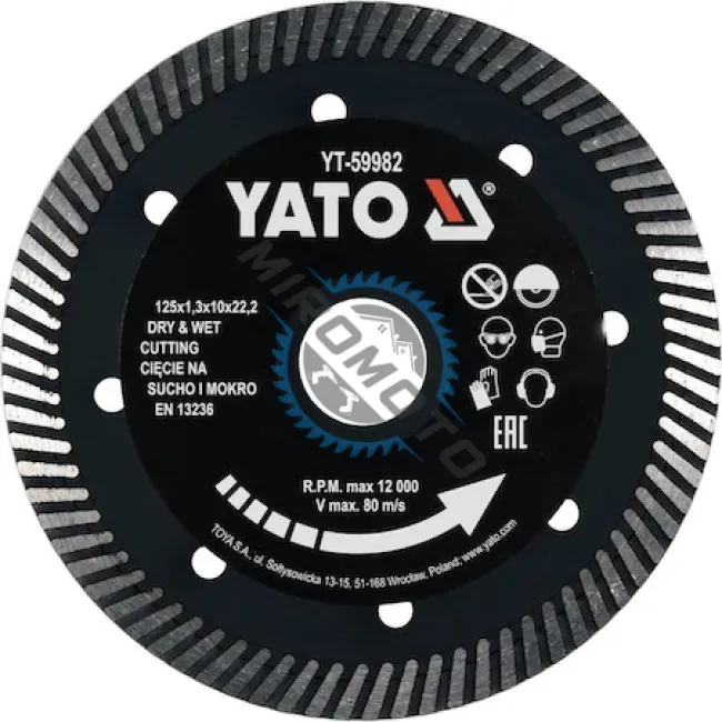 Disc diamantat de taiere continuu, 125x22.2x1.3 mm, taiere umeda si uscata, Yato YT-59982