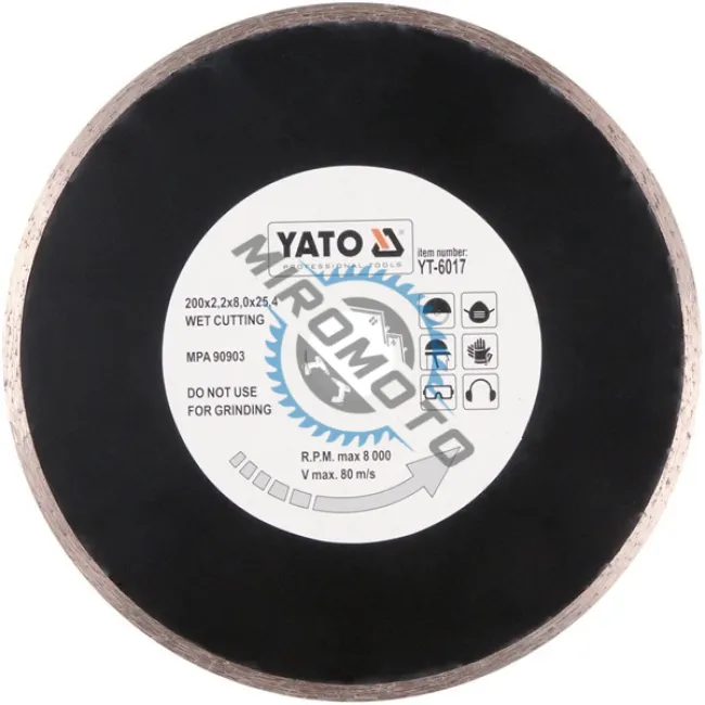 Disc diamantat de taiere continuu, 200x25.4x2.2 mm, taiere umeda, Yato YT-6017