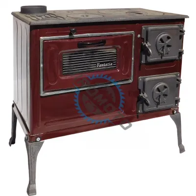 Soba de Gatit Samotata 6 kW, Tabla Emailata, pe Lemne, Evacuare 130mm, Burlan pe partea Stanga, cu Plita si Cuptor, 800x750x437mm Soba de Gatit Samotata 6 kW, Tabla Emailata, pe Lemne, Evacuare 130mm, Burlan pe partea Stanga, cu Plita si Cuptor, 800x750x437mm