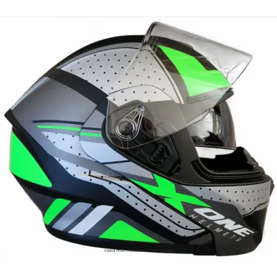 Casca moto flip up X-One cu ochelari de soare, negru / verde