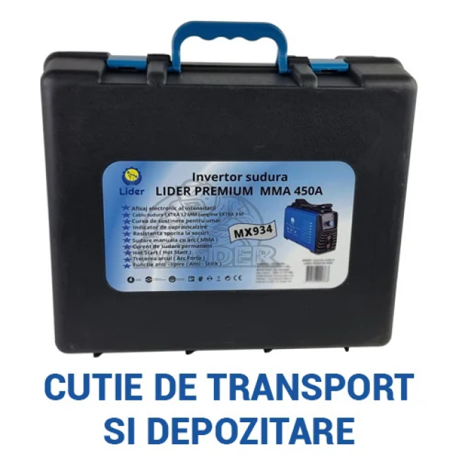 Aparat de sudura tip invertor LIDER MMA450A, 450Ah, cablu electrod 3 metri, afisaj electronic, protectie supraincalzire, ventilator de racire Aparat de sudura tip invertor LIDER MMA450A, 450Ah, cablu electrod 3 metri, afisaj electronic, protectie supraincalzire, ventilator de racire