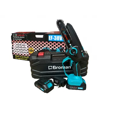 Mini-fierastrau electric Broman 2 acumulatori, 38 V, sistem ungere lant, lama 16 cm, rezervor ulei Mini-fierastrau electric Broman 2 acumulatori, 38 V, sistem ungere lant, lama 16 cm, rezervor ulei