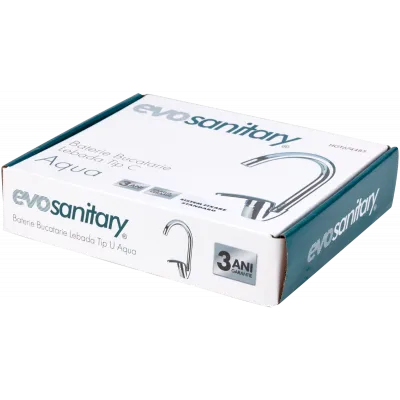 Baterie bucatarie, rotativa, monocomanda, cartus ceramic, cromata, pipa flexibila, racorduri incluse, Evosanitary Aqua