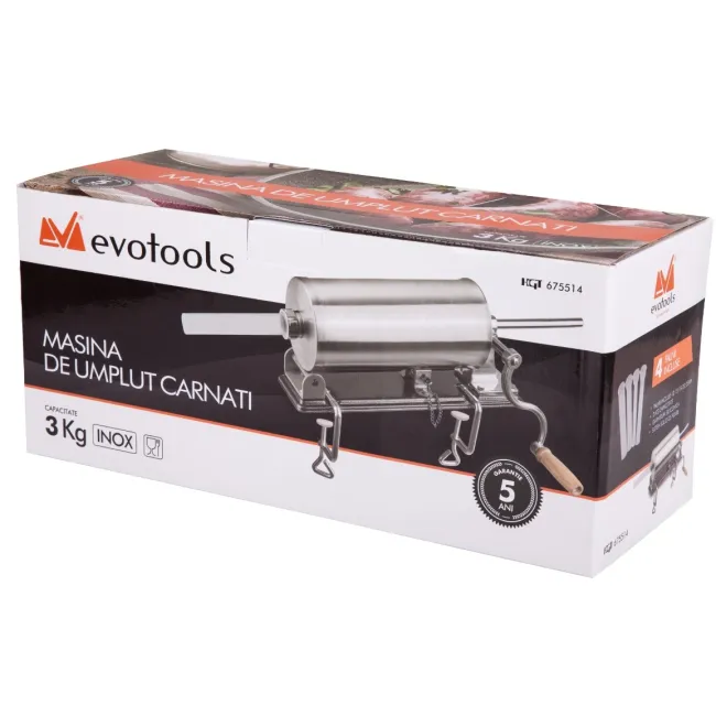 Masina de umplut carnati, 3 Kg, 4xPalnii Incluse, orizontal din inox, EvoTools