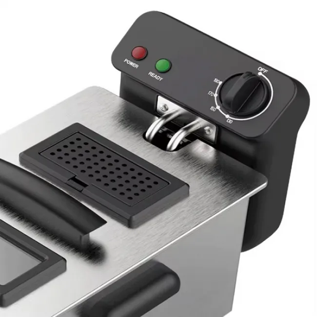 Friteuza profesionala, 2000W, 3 L, Termostat reglabil, cos detasabil, fereastra de vizualizare in capac, otel inoxidabil, gri-argintiu