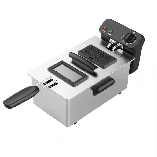 Friteuza profesionala, 2000W, 3 L, Termostat reglabil, cos detasabil, fereastra de vizualizare in capac, otel inoxidabil, gri-argintiu