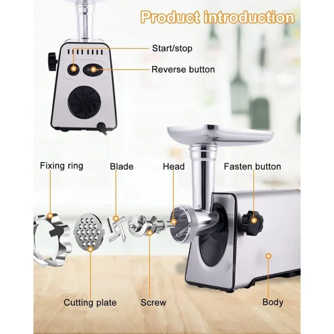 Masina de tocat carne, MGU-120, 4000 W, Accesorii rosii, carnati, chiftele, 3 site, functia revers, motor cupru