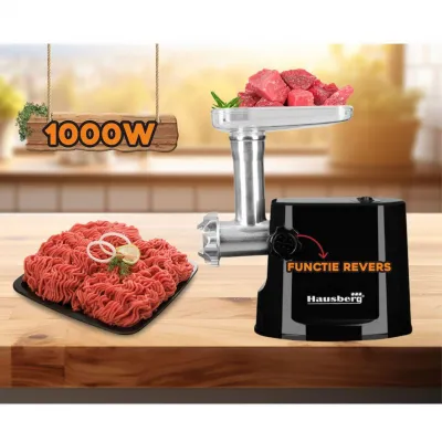 Masina de tocat carne, electrica, Hausberg HB-3415NG, functie reverse, 1 kg/min, 1000 W, accesoriu carnati si kebbe, Negru Masina de tocat carne, electrica, Hausberg HB-3415NG, functie reverse, 1 kg/min, 1000 W, accesoriu carnati si kebbe, Negru