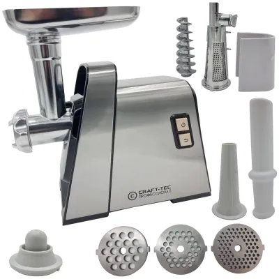 Masina de tocat carne Craft-Tec Inox 3500W, Accesorii rosii, carnati, chiftele, 3 site, functia revers, motor cupru (PRODUS RESIGILAT) Masina de tocat carne Craft-Tec Inox 3500W, Accesorii rosii, carnati, chiftele, 3 site, functia revers, motor cupru (PRODUS RESIGILAT)