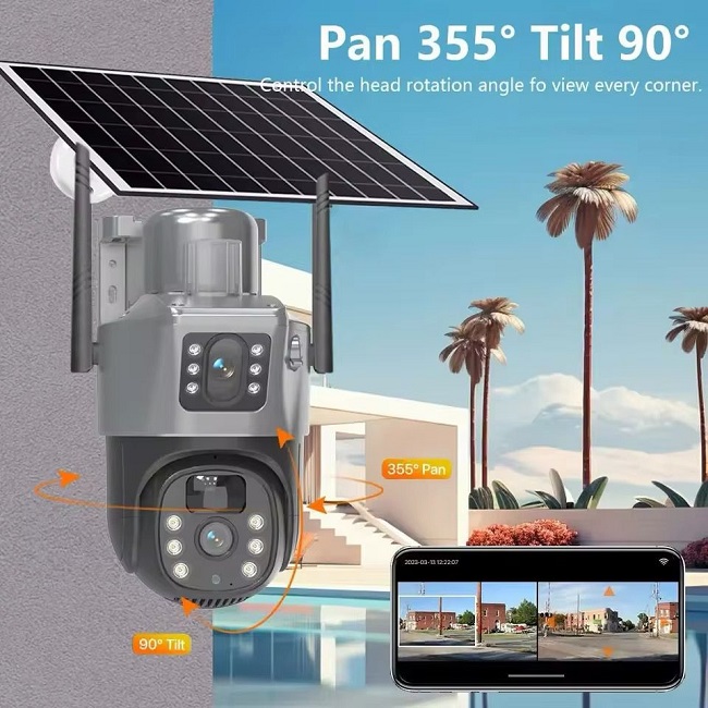 Camera De Supraveghere Dubla, Panou Solar 6W, 4G SIM Slot, 4+4 MP FULL HD, 355°, Impermeabil, Alarma