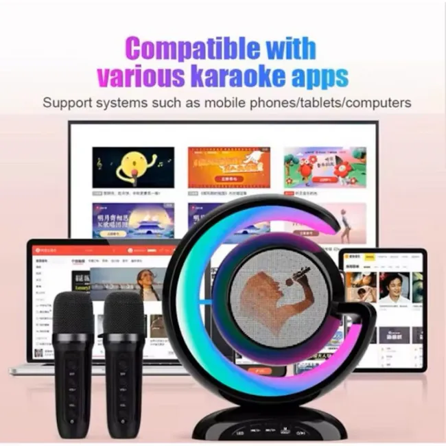 Statie Smart microfon si boxa Wireless pentru Karaoke cu lumina RGB Led, copii / adulti, kit 2 in 1, conectare la telefon, bluetooth, slot card, negru