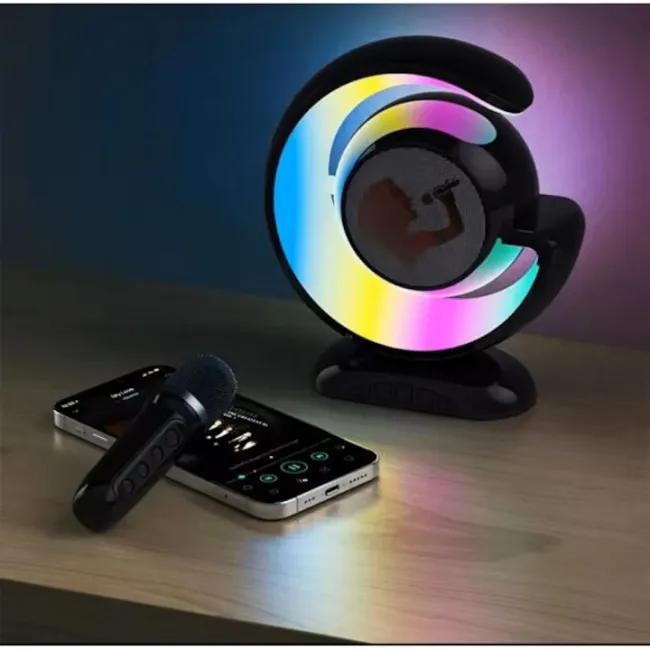 Statie Smart microfon si boxa Wireless pentru Karaoke cu lumina RGB Led, copii / adulti, kit 2 in 1, conectare la telefon, bluetooth, slot card, negru