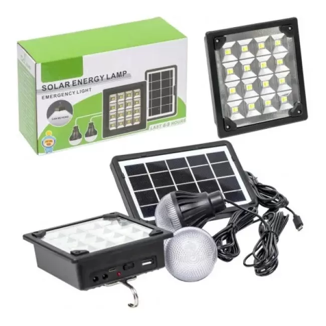 Kit Iluminare Led cu Panou Solar Inclus, 2 Becuri Led, Lampa Solara Portabila, Design Compact, Culoare Negru